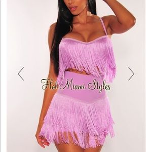 Lilac Fringe Bustier Shorts Two Piece